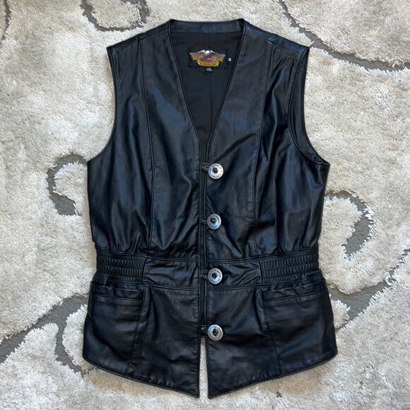Harley Davidson Button Front Leather Vest with Cinch Waist & Pockets-M - Picture 9 of 15